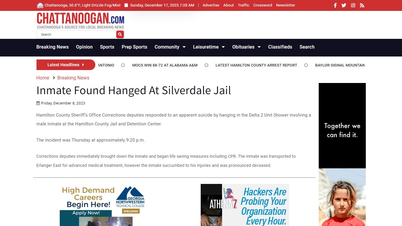 Inmate Found Hanged At Silverdale Jail - Chattanoogan.com